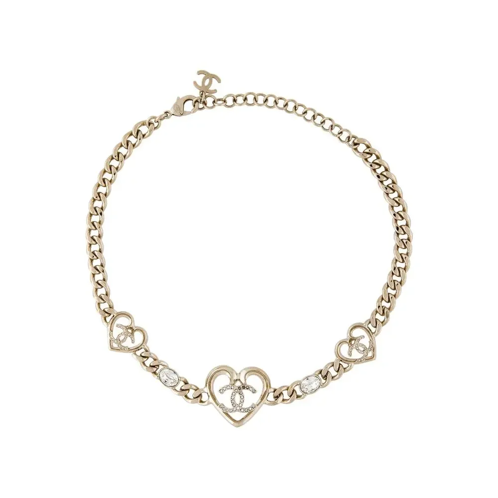 Chanel  Gold-tone Strass Interlocking CC Heart Choker Necklace